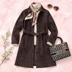 Brown Suede Leather Belted Trench Coat - Classic Outerwear | Chic Spring/Fall